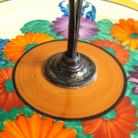 Clarice Cliff Gayday Octagonal 7.5" Cake Plate with Handle Floral 1930s Antique - Picture 8 of 11